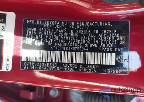 2017 Toyota Camry Se z USA, uszkodzony, nr VIN 4T1BF1FK4HU753844